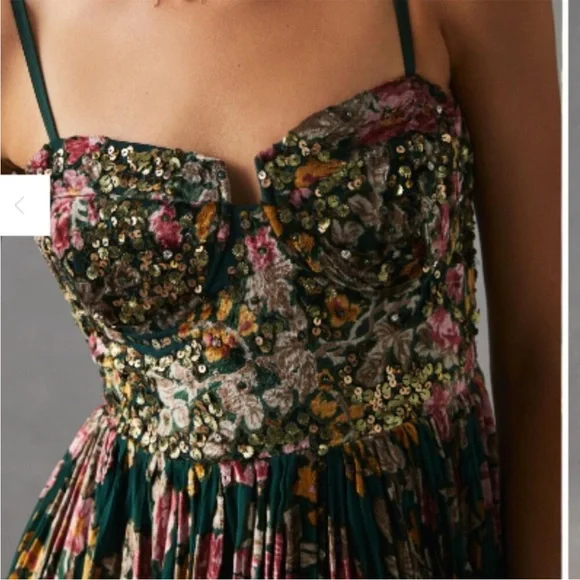 Anthropologie Pink and Green Spaghetti Strap Midi Dress - Picture 2 of 6